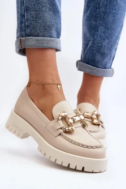 Clearance CheBello Damskie Skórzane Mokasyny Z Ozdobą 4369 Beżowe