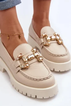 Clearance CheBello Damskie Skórzane Mokasyny Z Ozdobą 4369 Beżowe