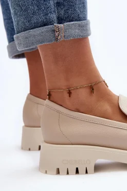 Clearance CheBello Damskie Skórzane Mokasyny Z Ozdobą 4369 Beżowe