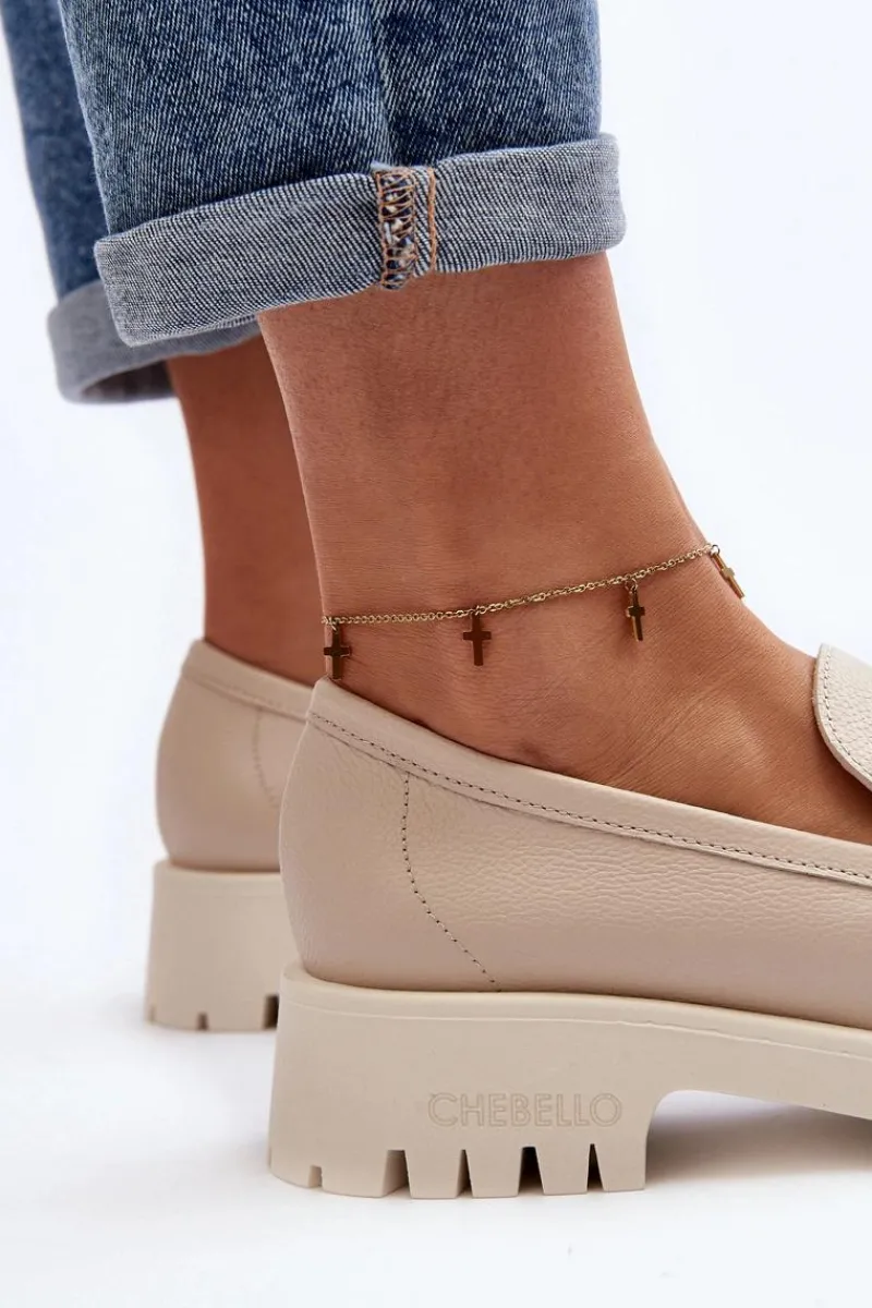 Clearance CheBello Damskie Skórzane Mokasyny Z Ozdobą 4369 Beżowe