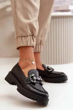 Mokasyny Płaskie|Mokasyny Damskie Skórzane>CheBello Damskie Skórzane Mokasyny Z Ozdobą 4369 Czarne Czarny