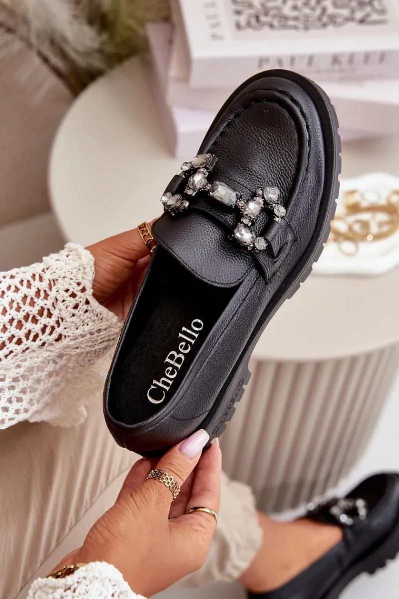 Mokasyny Płaskie|Mokasyny Damskie Skórzane>CheBello Damskie Skórzane Mokasyny Z Ozdobą 4369 Czarne Czarny