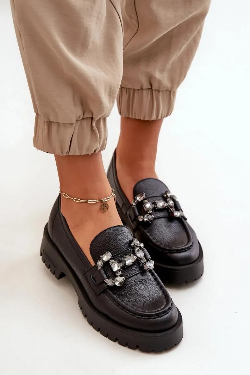 Mokasyny Płaskie|Mokasyny Damskie Skórzane>CheBello Damskie Skórzane Mokasyny Z Ozdobą 4369 Czarne Czarny