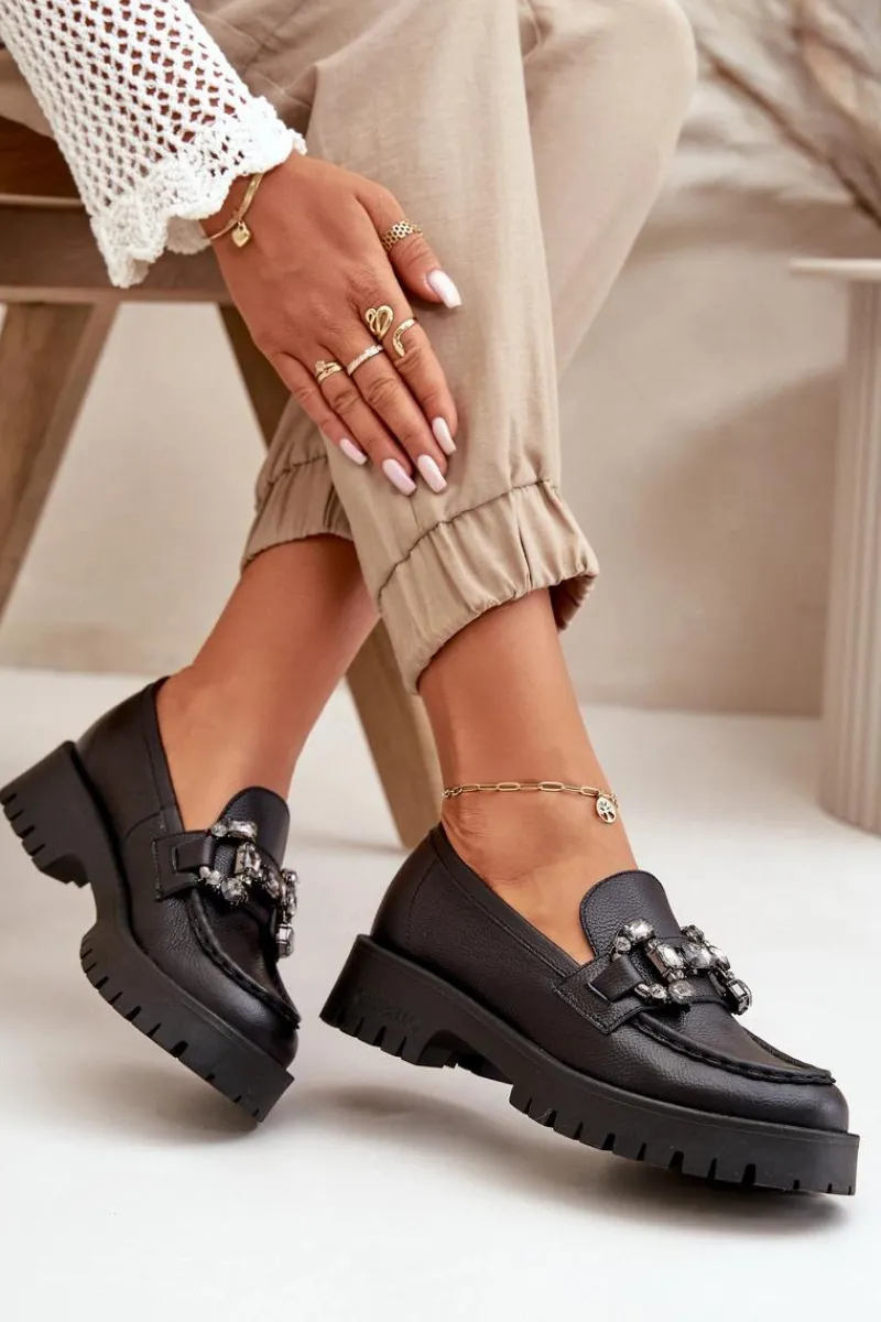 Mokasyny Płaskie|Mokasyny Damskie Skórzane>CheBello Damskie Skórzane Mokasyny Z Ozdobą 4369 Czarne Czarny