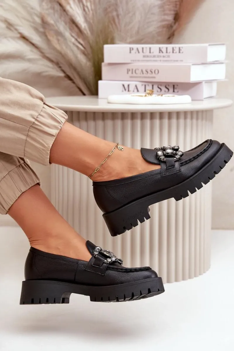 Mokasyny Płaskie|Mokasyny Damskie Skórzane>CheBello Damskie Skórzane Mokasyny Z Ozdobą 4369 Czarne Czarny