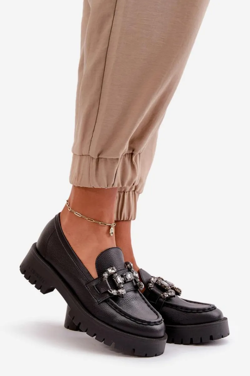 Mokasyny Płaskie|Mokasyny Damskie Skórzane>CheBello Damskie Skórzane Mokasyny Z Ozdobą 4369 Czarne Czarny