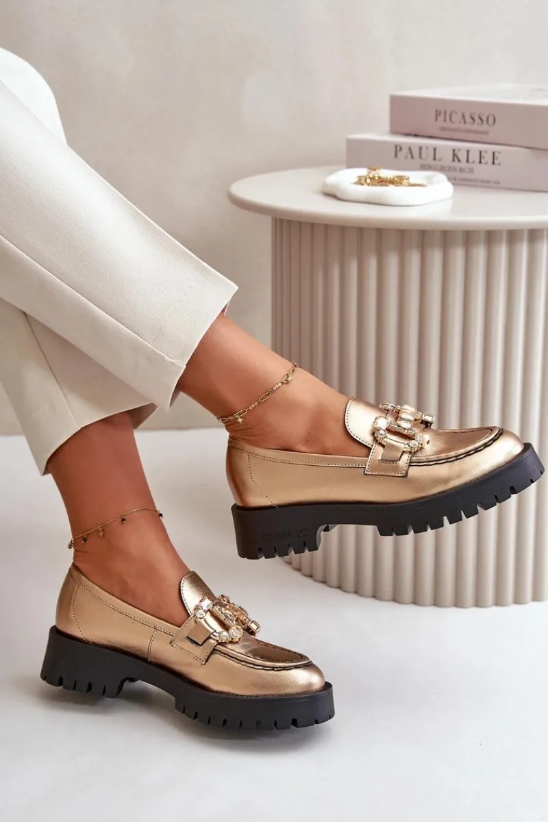 Discount Damskie Skórzane Mokasyny Z Ozdobą 4369 Złote Damskie Mokasyny Płaskie|Mokasyny Damskie Skórzane