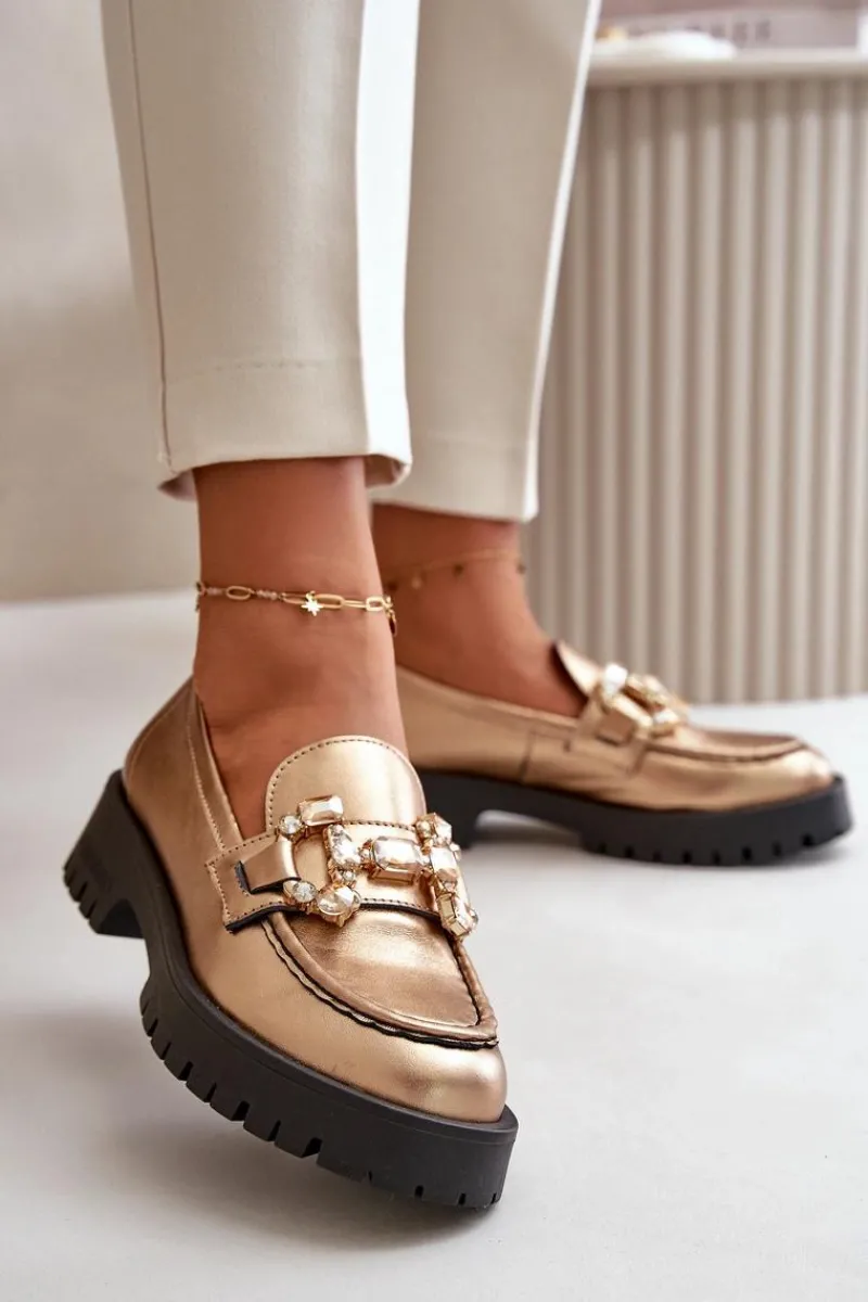 Discount Damskie Skórzane Mokasyny Z Ozdobą 4369 Złote Damskie Mokasyny Płaskie|Mokasyny Damskie Skórzane