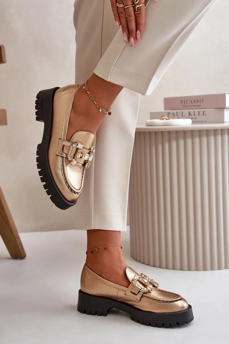 Discount Damskie Skórzane Mokasyny Z Ozdobą 4369 Złote Damskie Mokasyny Płaskie|Mokasyny Damskie Skórzane