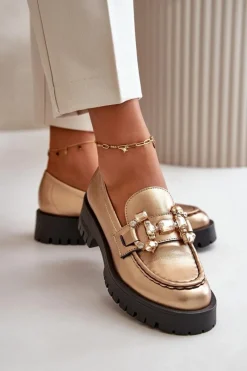 Discount Damskie Skórzane Mokasyny Z Ozdobą 4369 Złote Damskie Mokasyny Płaskie|Mokasyny Damskie Skórzane