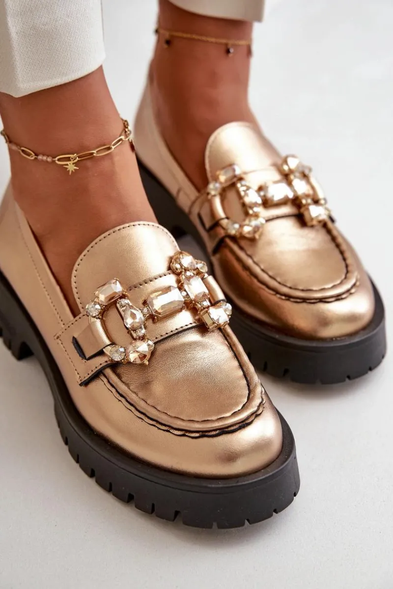 Discount Damskie Skórzane Mokasyny Z Ozdobą 4369 Złote Damskie Mokasyny Płaskie|Mokasyny Damskie Skórzane