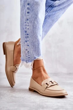 Mokasyny Damskie Skórzane>Boto Damskie Skórzane Mokasyny Z Ozdobą Beżowe Kerrie