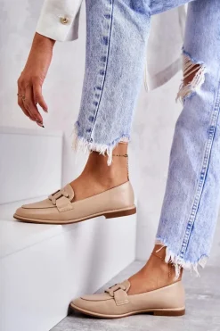 Mokasyny Damskie Skórzane>Boto Damskie Skórzane Mokasyny Z Ozdobą Beżowe Kerrie