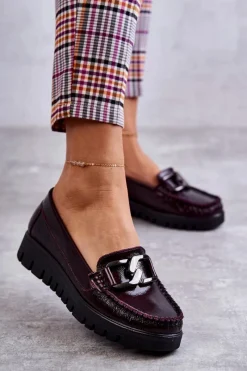 Discount Boto Damskie Skórzane Mokasyny Na Platformie Bordowe Venesia