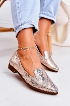 Outlet Damskie Skórzane Mokasyny Wzór Zwierzęcy Złote Scarlett Damskie Mokasyny Damskie Skórzane