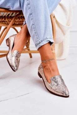 Outlet Damskie Skórzane Mokasyny Wzór Zwierzęcy Złote Scarlett Damskie Mokasyny Damskie Skórzane