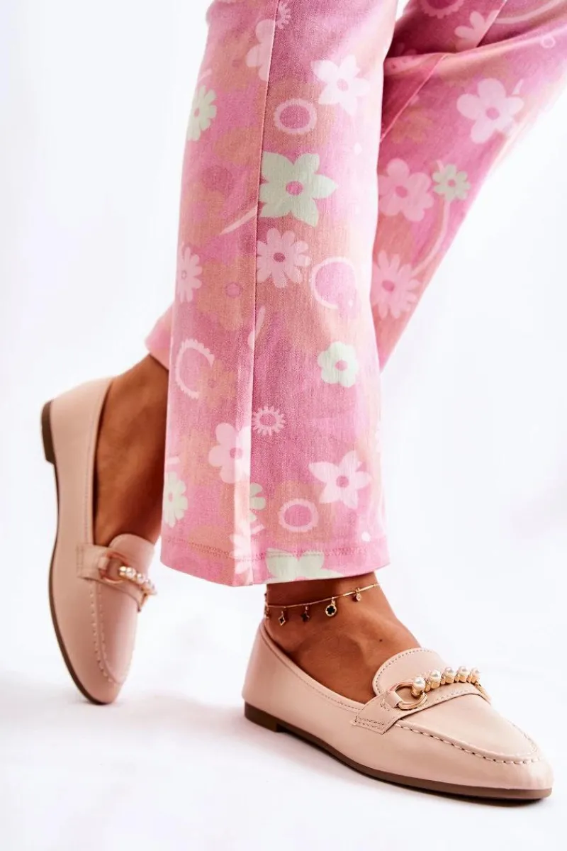 Discount Damskie Skórzane Mokasyny Z Ozdobnymi Perłami Beżowe Sergia Damskie Mokasyny Damskie Skórzane