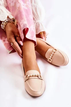 Discount Damskie Skórzane Mokasyny Z Ozdobnymi Perłami Beżowe Sergia Damskie Mokasyny Damskie Skórzane