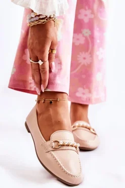 Discount Damskie Skórzane Mokasyny Z Ozdobnymi Perłami Beżowe Sergia Damskie Mokasyny Damskie Skórzane