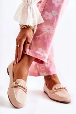 Discount Damskie Skórzane Mokasyny Z Ozdobnymi Perłami Beżowe Sergia Damskie Mokasyny Damskie Skórzane