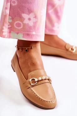 New Boto Damskie Skórzane Mokasyny Z Ozdobnymi Perłami Brązowe Sergia