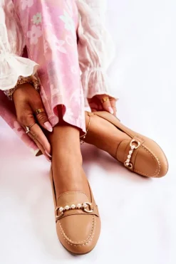 New Boto Damskie Skórzane Mokasyny Z Ozdobnymi Perłami Brązowe Sergia