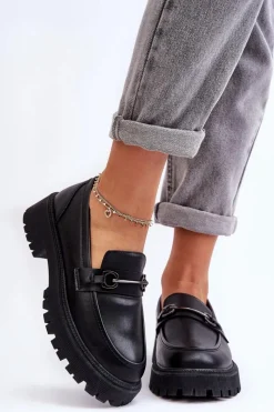 Hot Evento Damskie Skórzane Mokasyny Na Platformie Czarne Detes