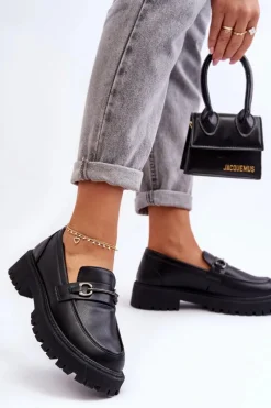 Hot Evento Damskie Skórzane Mokasyny Na Platformie Czarne Detes