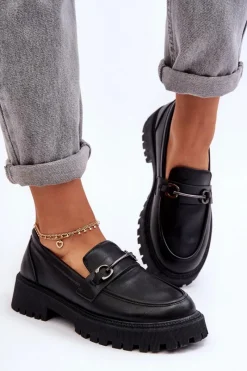 Hot Evento Damskie Skórzane Mokasyny Na Platformie Czarne Detes