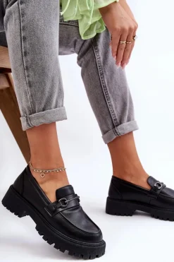 Hot Evento Damskie Skórzane Mokasyny Na Platformie Czarne Detes