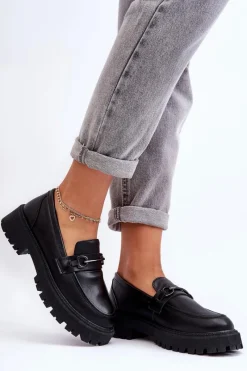 Hot Evento Damskie Skórzane Mokasyny Na Platformie Czarne Detes