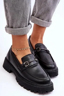 Hot Evento Damskie Skórzane Mokasyny Na Platformie Czarne Detes