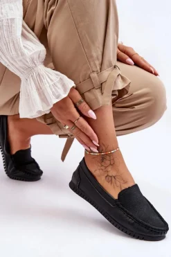Hot Damskie Skórzane Mokasyny S.Barski LR97630 Czarne Damskie Loafersy Damskie|Mokasyny Damskie Skórzane