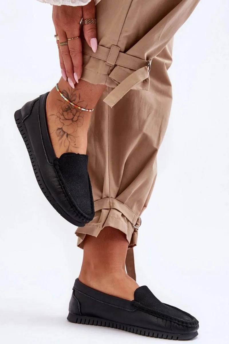 Hot Damskie Skórzane Mokasyny S.Barski LR97630 Czarne Damskie Loafersy Damskie|Mokasyny Damskie Skórzane