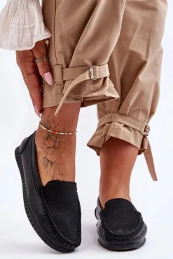 Hot Damskie Skórzane Mokasyny S.Barski LR97630 Czarne Damskie Loafersy Damskie|Mokasyny Damskie Skórzane