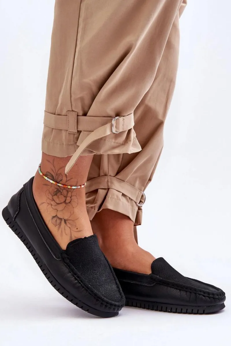 Hot Damskie Skórzane Mokasyny S.Barski LR97630 Czarne Damskie Loafersy Damskie|Mokasyny Damskie Skórzane