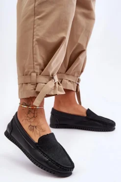 Hot Damskie Skórzane Mokasyny S.Barski LR97630 Czarne Damskie Loafersy Damskie|Mokasyny Damskie Skórzane