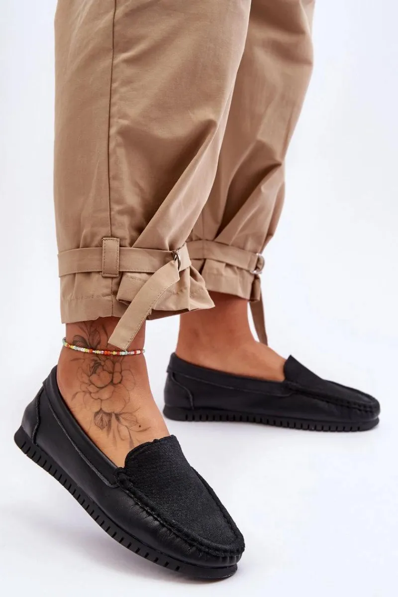 Hot Damskie Skórzane Mokasyny S.Barski LR97630 Czarne Damskie Loafersy Damskie|Mokasyny Damskie Skórzane