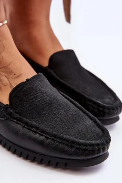 Hot Damskie Skórzane Mokasyny S.Barski LR97630 Czarne Damskie Loafersy Damskie|Mokasyny Damskie Skórzane