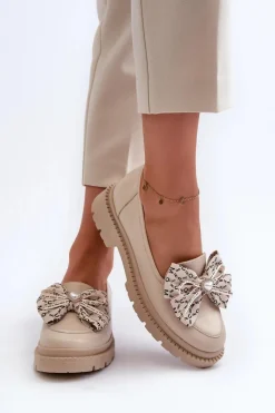 Loafersy Damskie|Mokasyny Płaskie></noscript>Laura Messi Damskie Skórzane Mokasyny Z Kokardą 2787 Jasnobeżowe