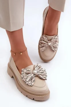 Loafersy Damskie|Mokasyny Płaskie></noscript>Laura Messi Damskie Skórzane Mokasyny Z Kokardą 2787 Jasnobeżowe