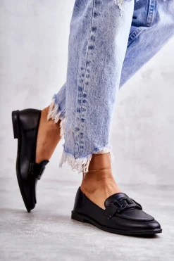 Online Damskie Skórzane Mokasyny Z Ozdobą Czarne Kerrie Damskie Mokasyny Damskie Skórzane