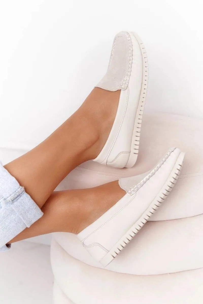 Discount Damskie Skórzane Mokasyny S.Barski 97630 Ecru Damskie Mokasyny Damskie Skórzane