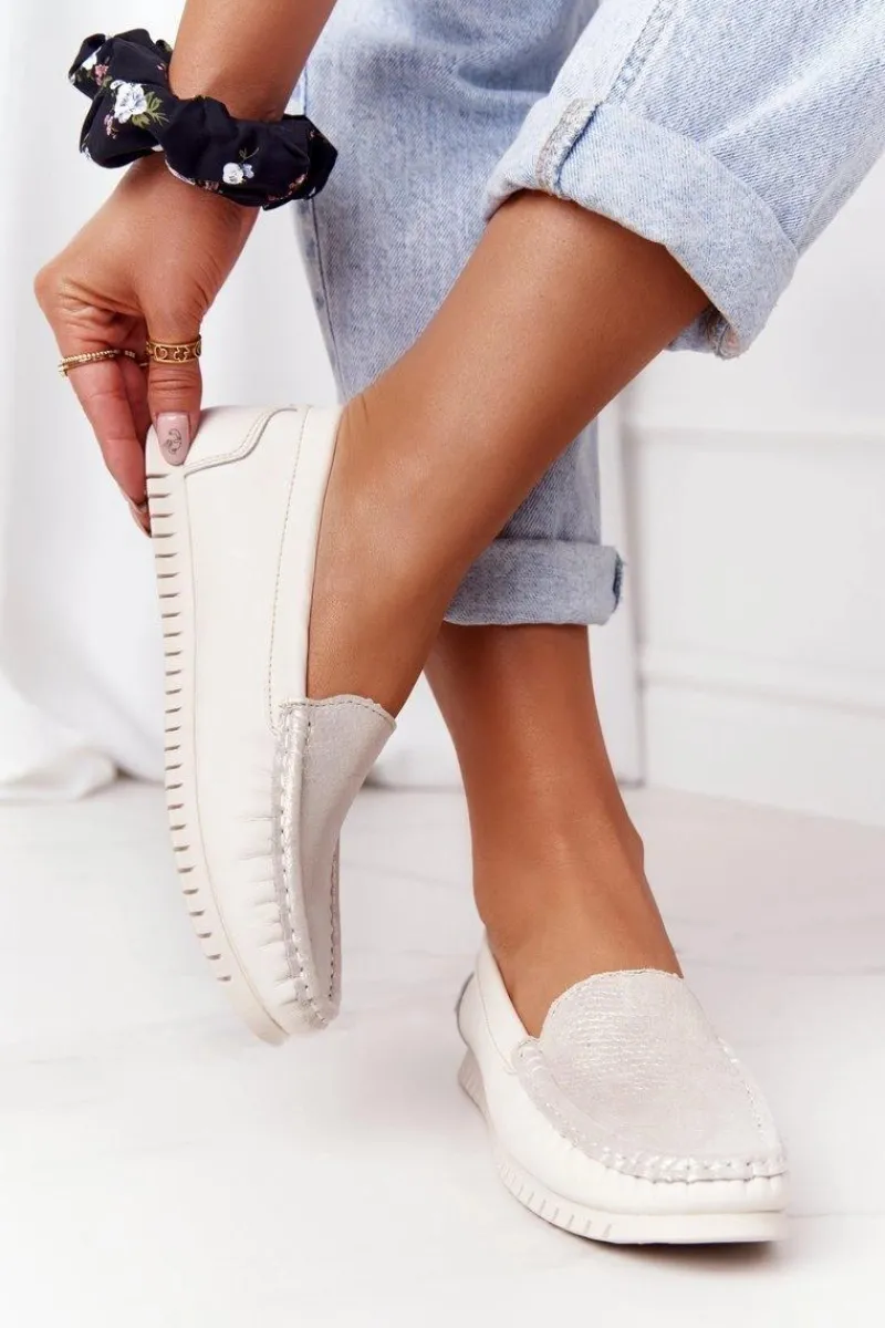 Discount Damskie Skórzane Mokasyny S.Barski 97630 Ecru Damskie Mokasyny Damskie Skórzane