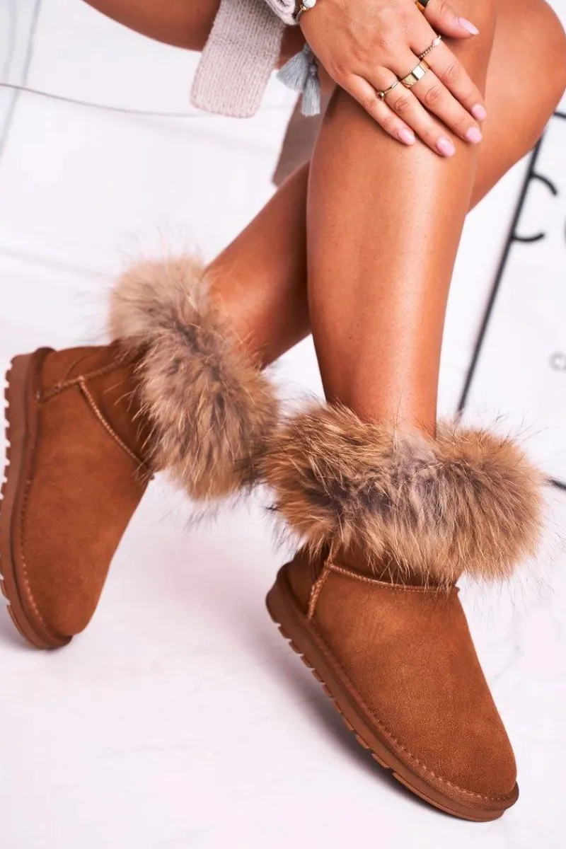 Śniegowce Damskie>Boto Damskie Skórzane Śniegowce Z Futerkiem Camel Alexa Brązowy