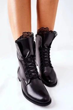 Clearance Damskie Skórzane Ocieplane Botki Nicole Czarne 2193/001 Damskie Botki Sznurowane|Czarne Botki