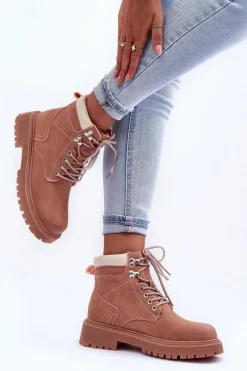 Damskie Trapery|Botki Sznurowane>Boto Damskie Skórzane Ocieplane Trapery Różowe Poles