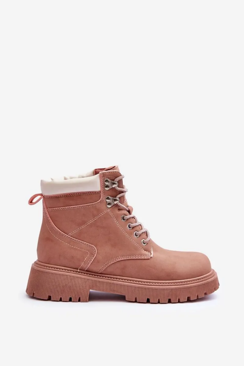 Damskie Trapery|Botki Sznurowane>Boto Damskie Skórzane Ocieplane Trapery Różowe Poles