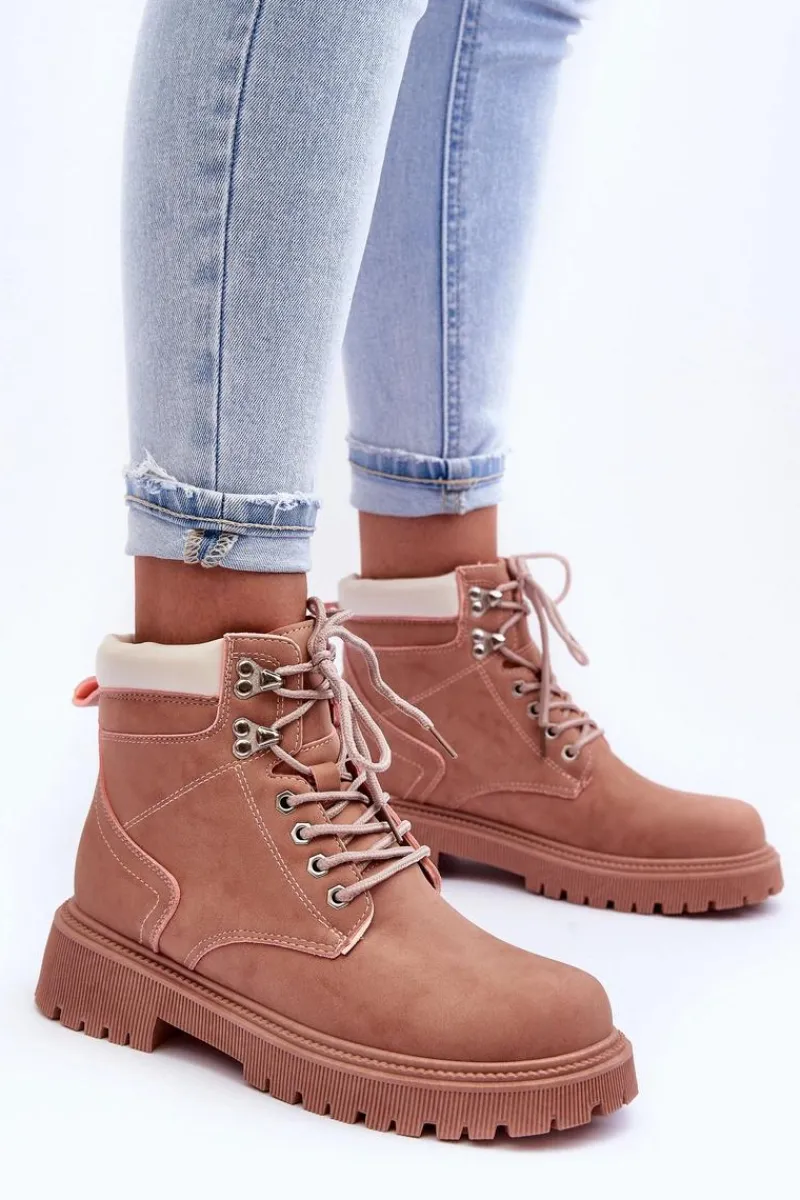 Damskie Trapery|Botki Sznurowane>Boto Damskie Skórzane Ocieplane Trapery Różowe Poles