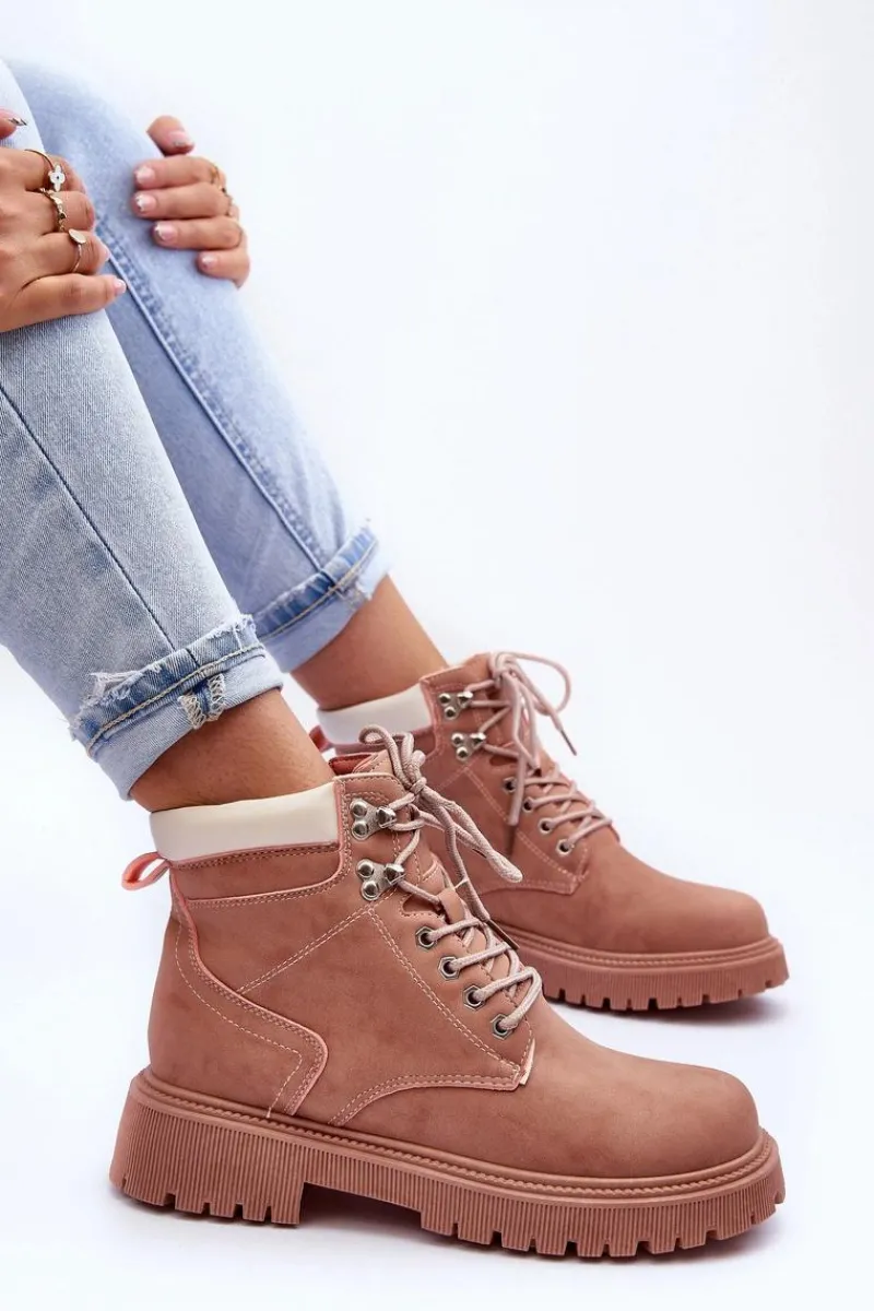 Damskie Trapery|Botki Sznurowane>Boto Damskie Skórzane Ocieplane Trapery Różowe Poles